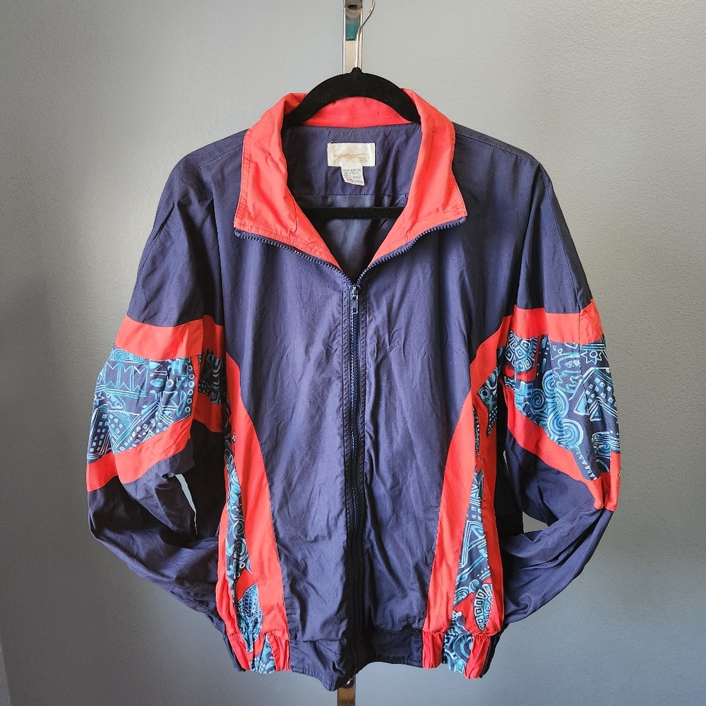 Vintage Gottex Adult S/M Cotton Shell Windbreaker Zip Jacket Blue Red Geometric.